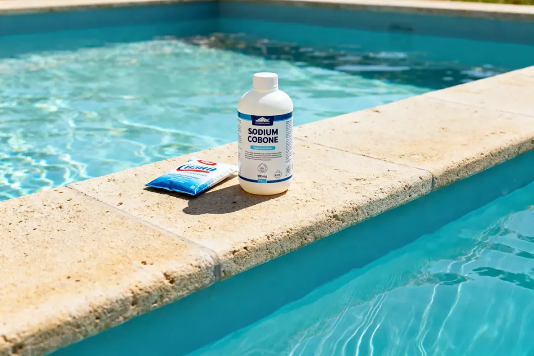 Produits chimiques pour augmenter pH piscine posés au bord de l'eau bleue claire