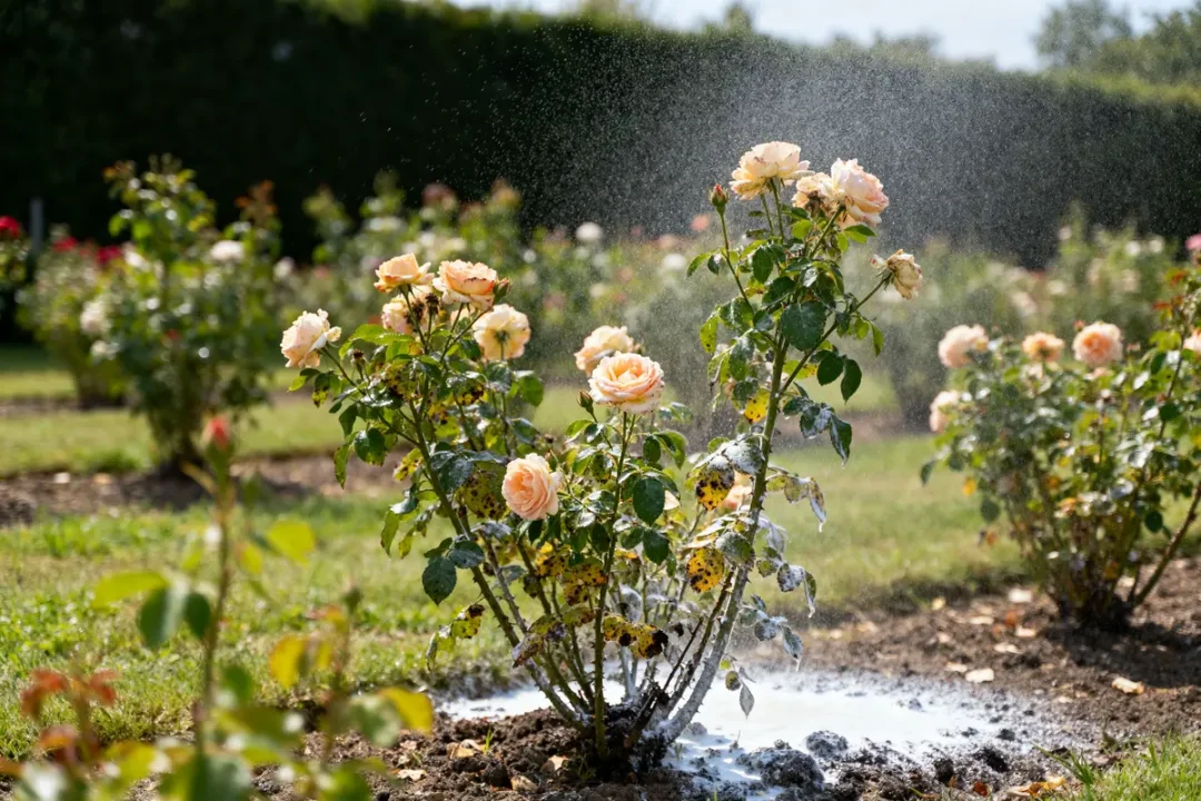 Rosier traité avec bouillie bordelaise dans un jardin ensoleillé, entouré d'autres rosiers florissants