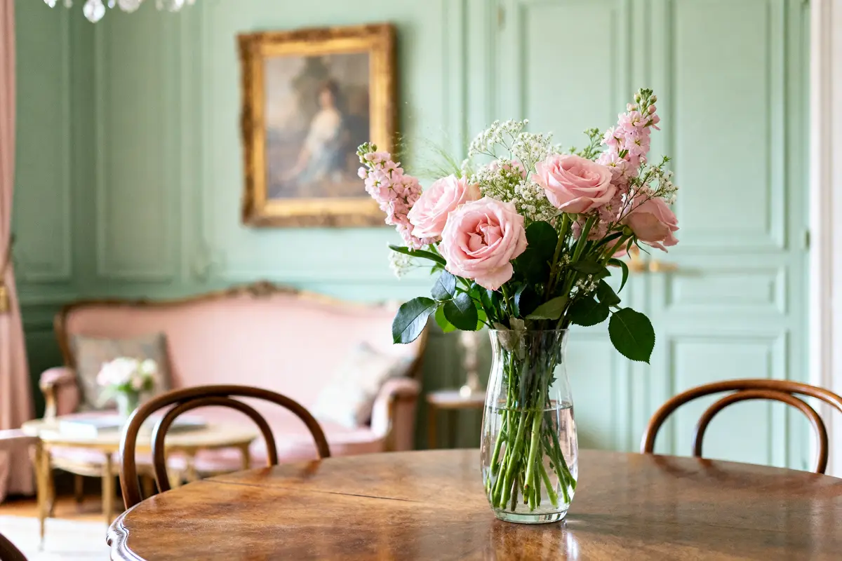 Bouquet de roses roses sur table en bois dans chambre aux murs verts et roses