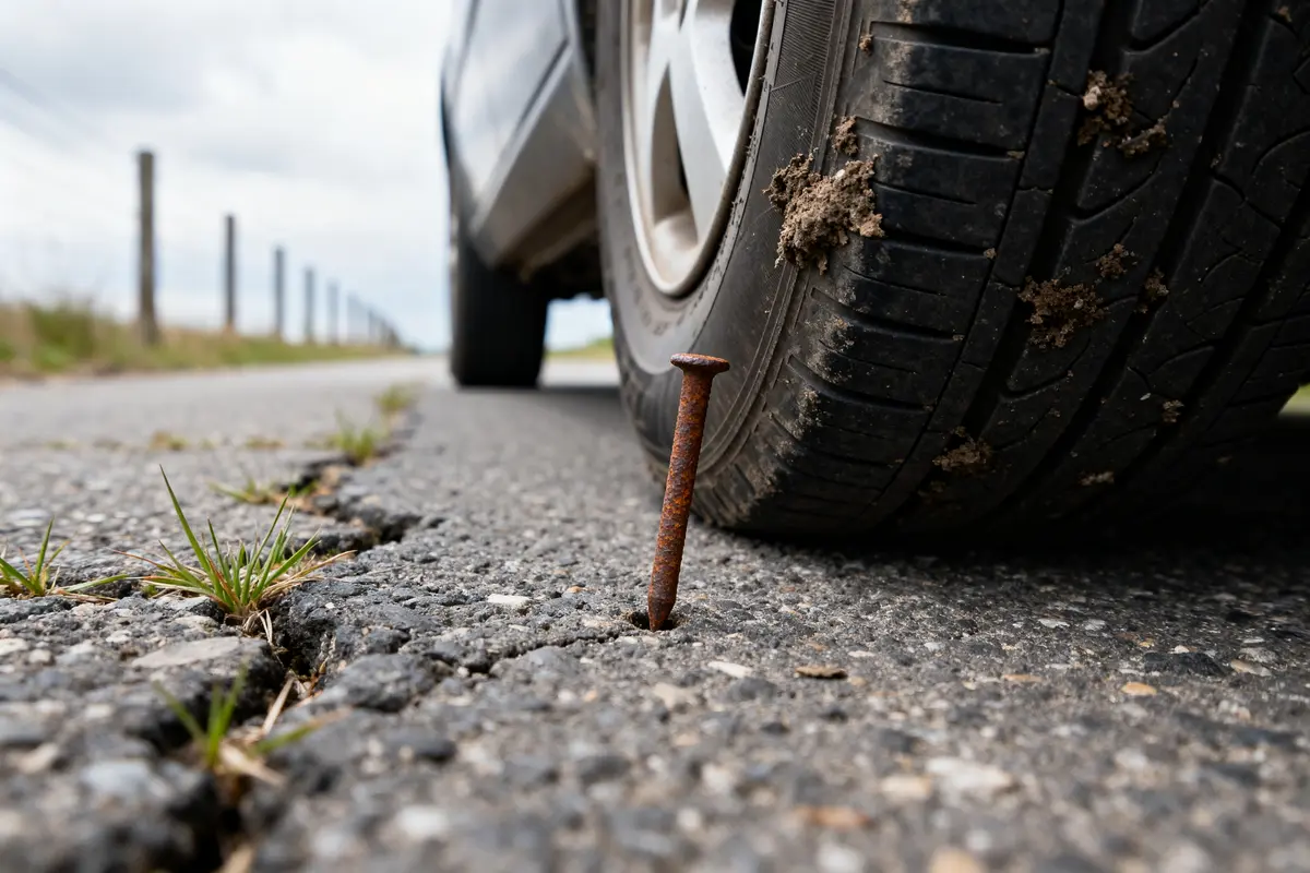 Pneu de voiture proche d'un clou sur la route