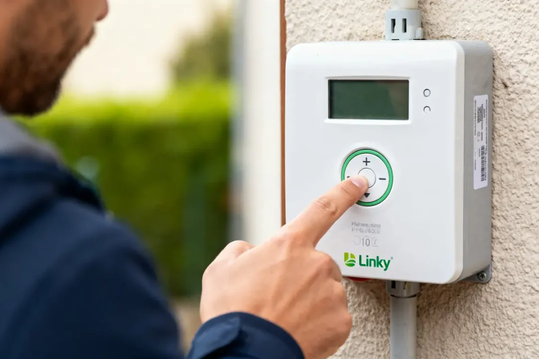 Personne appuyant 10 secondes sur un compteur Linky pour configuration ou vérification énergétique