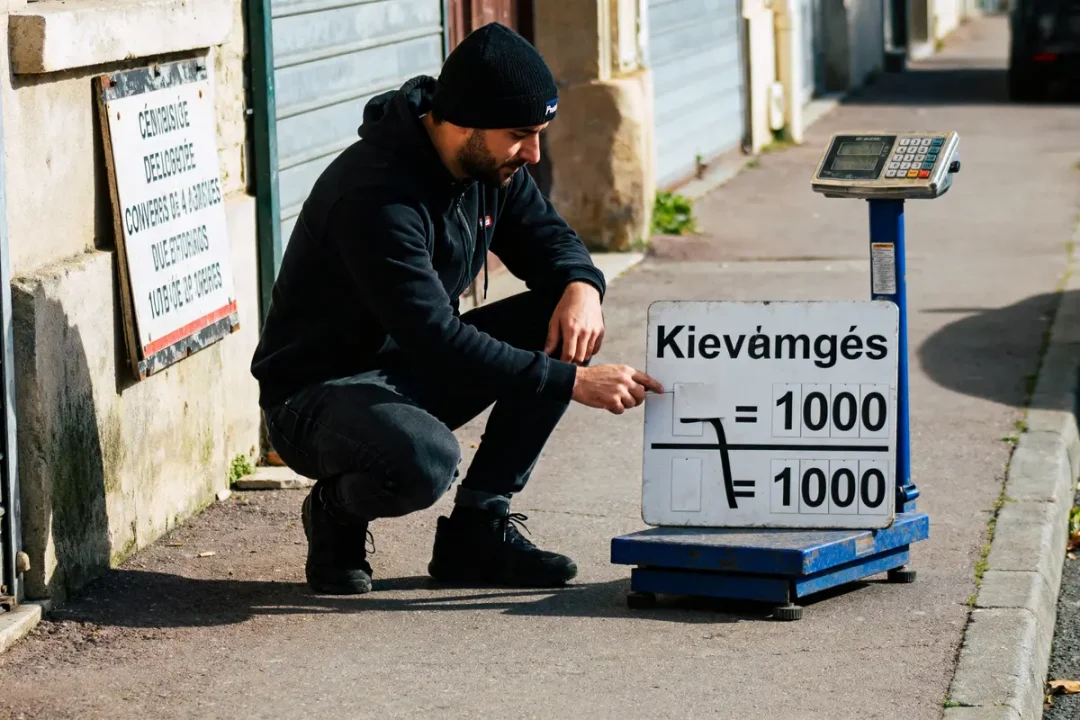 Un homme pointe une balance sur le trottoir pour convertir kg en tonne facilement