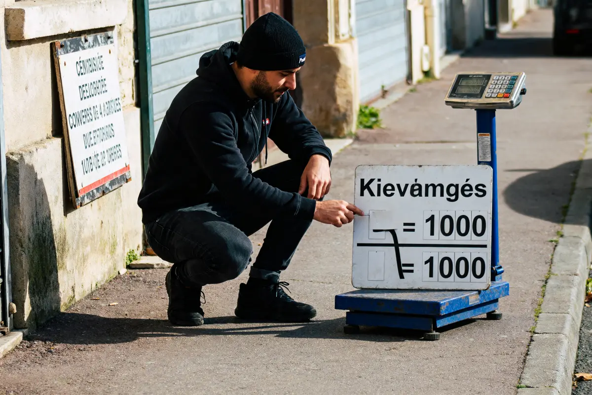 Un homme pointe une balance sur le trottoir pour convertir kg en tonne facilement
