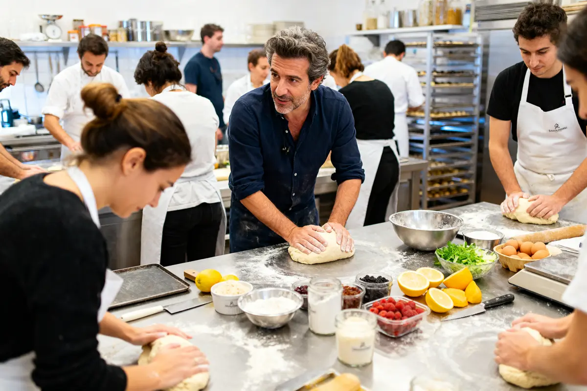 Personnes apprenant à pétrir la pâte lors d'un cours de pâtisserie parisien avec Cyril Lignac