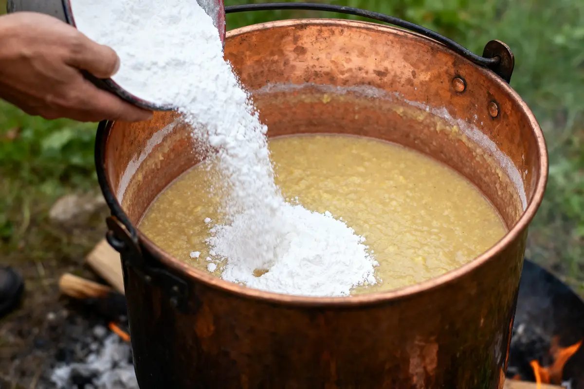 Poudre versée dans bouillie bordelaise, préparation dosage pour 5 litres, récipient en cuivre