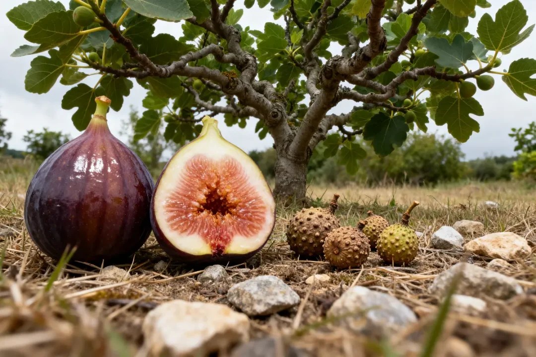 Figue et figuier mâle et femelle montrant fruits et environnement naturel sol rocheux
