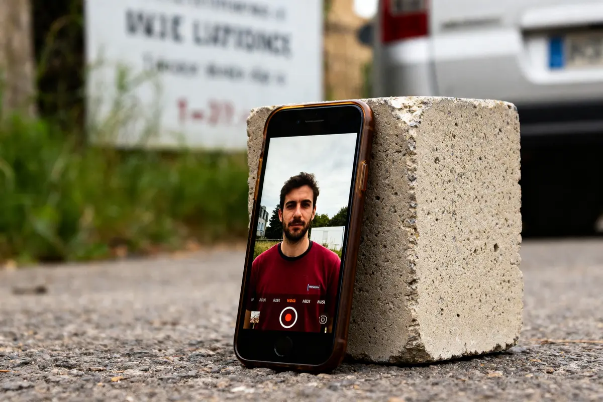 Smartphone calé contre parpaing montrant une vidéo; hauteur d'un parpaing en contexte urbain