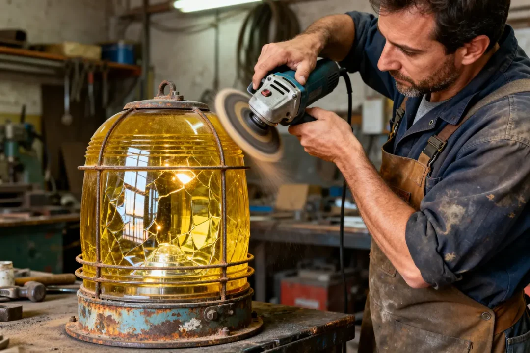 Artisan rénovant l'optique de phare dans un atelier avec une meuleuse électrique.