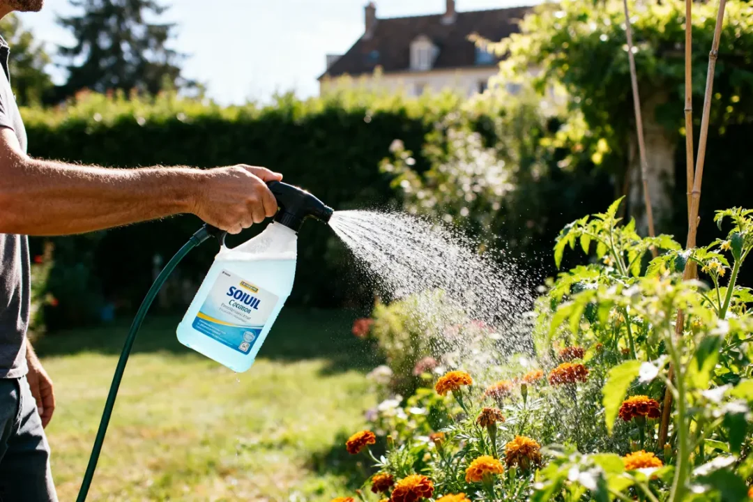 Arroser les plantes au jardin avec du bicarbonate de soude dans un pulvérisateur manual