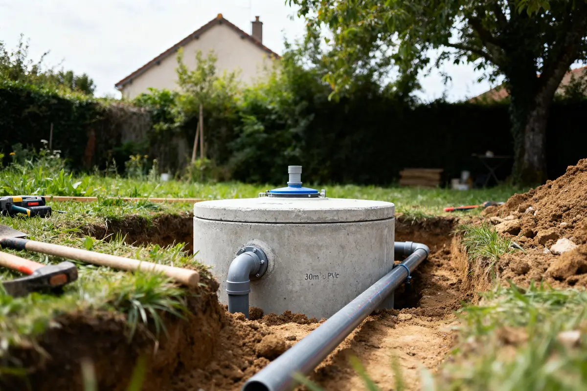 Installation en cours d'une fosse septique toutes eaux dans un jardin résidentiel verdoyant