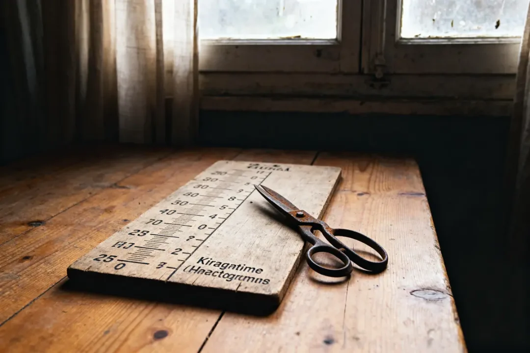 Vieilles ciseaux sur table avec tableau kilogramme gramme en bois éclairé par fenêtre