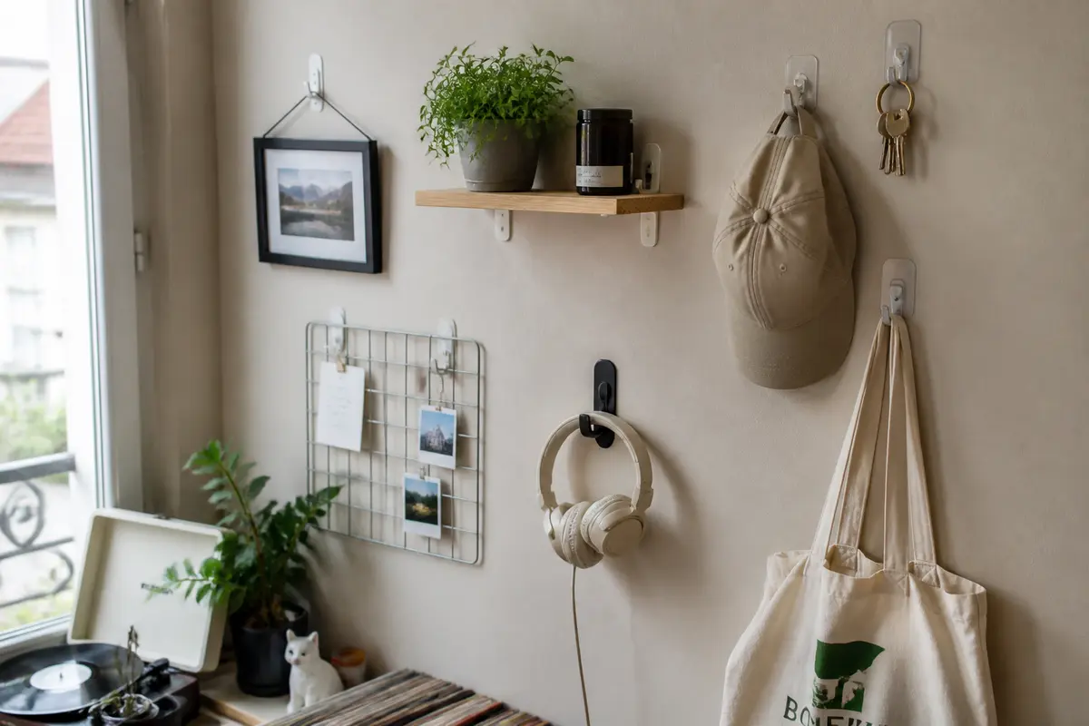 Mur décoré avec étagère, plantes, chapeau, clés, casque, photos, tableau métallique, sac et platine vinyle.
