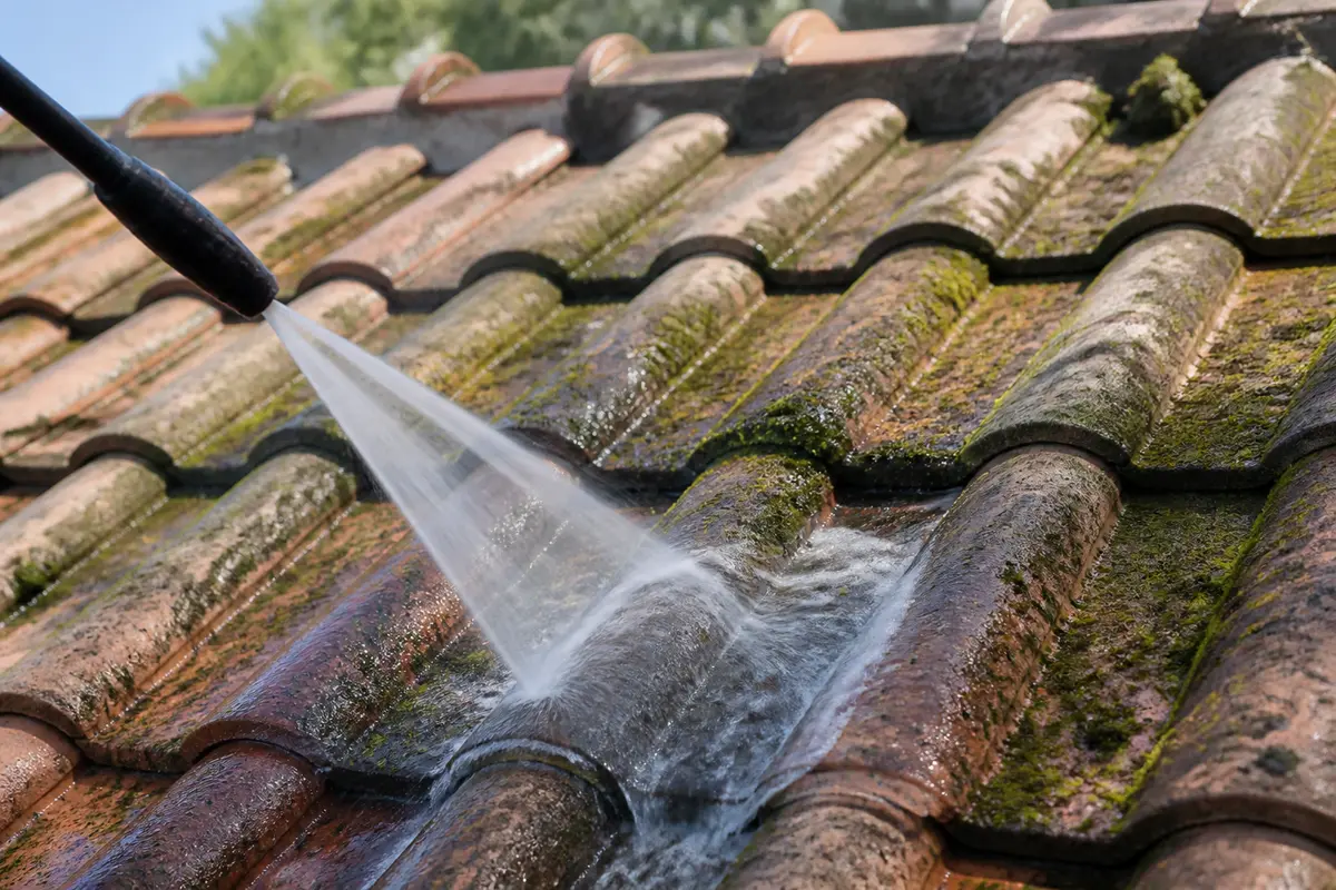 Nettoyage de toit en tuiles avec un jet d'eau haute pression pour éliminer la mousse.