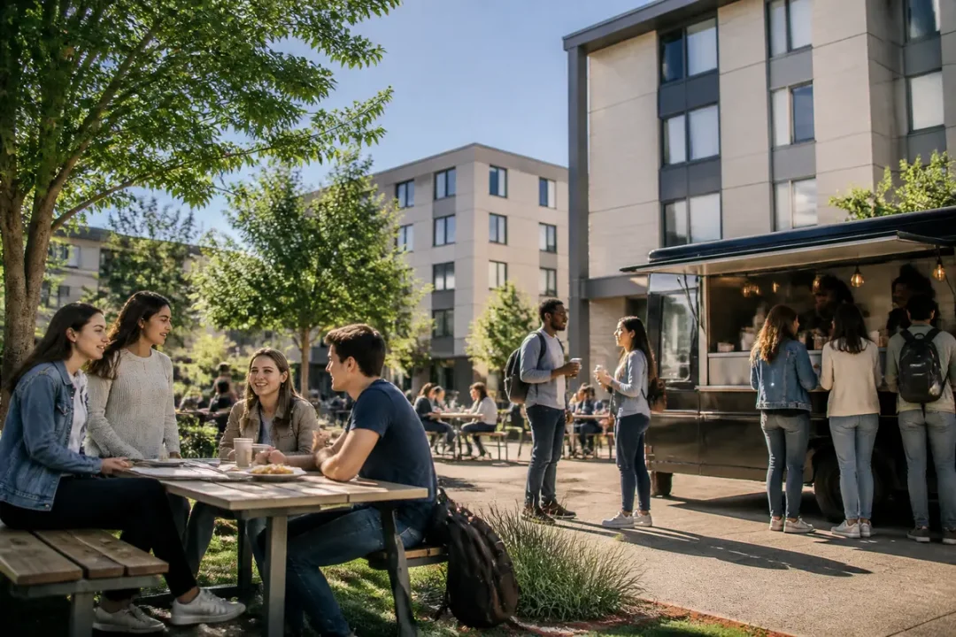 Étudiants discutant et mangeant en plein air près d'un food truck sur un campus universitaire.