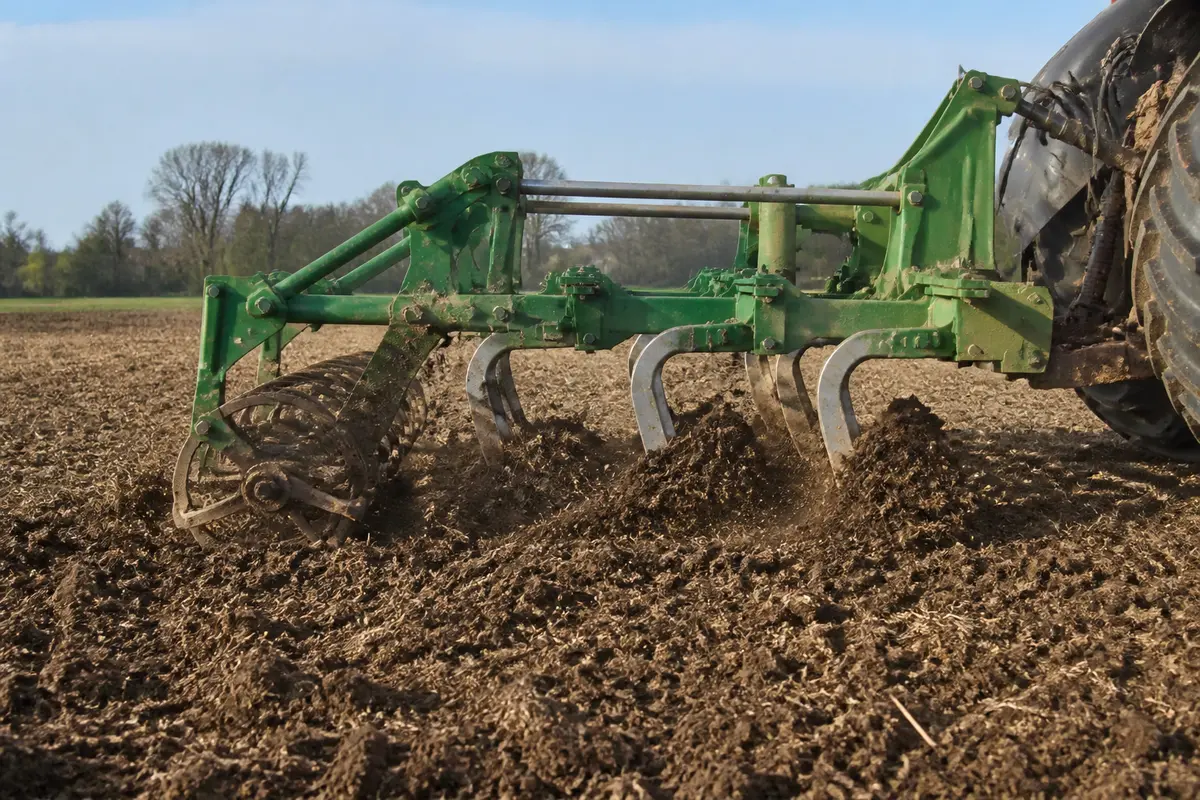 Tracteur avec cultivateur vert laboure un champ, préparant le sol pour la culture agricole.