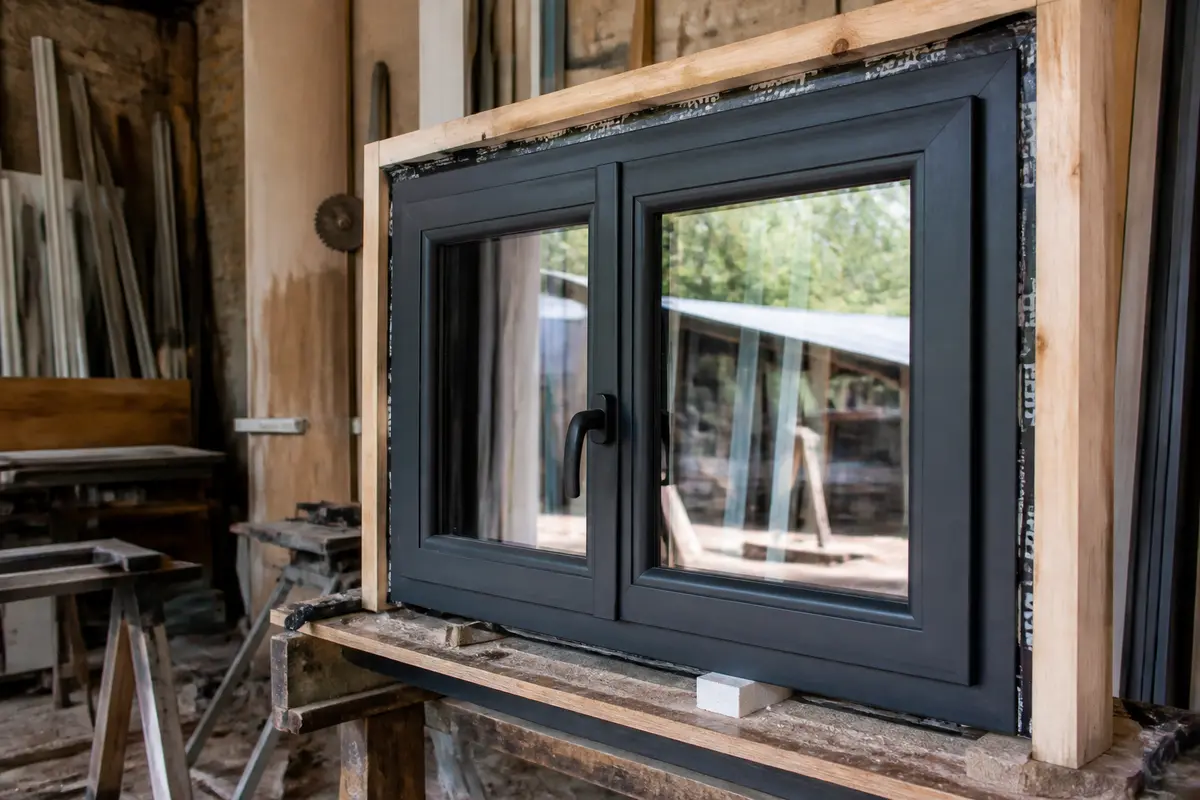 Fenêtre en bois et métal dans atelier, posée sur un établi, entourée de matériaux de construction.