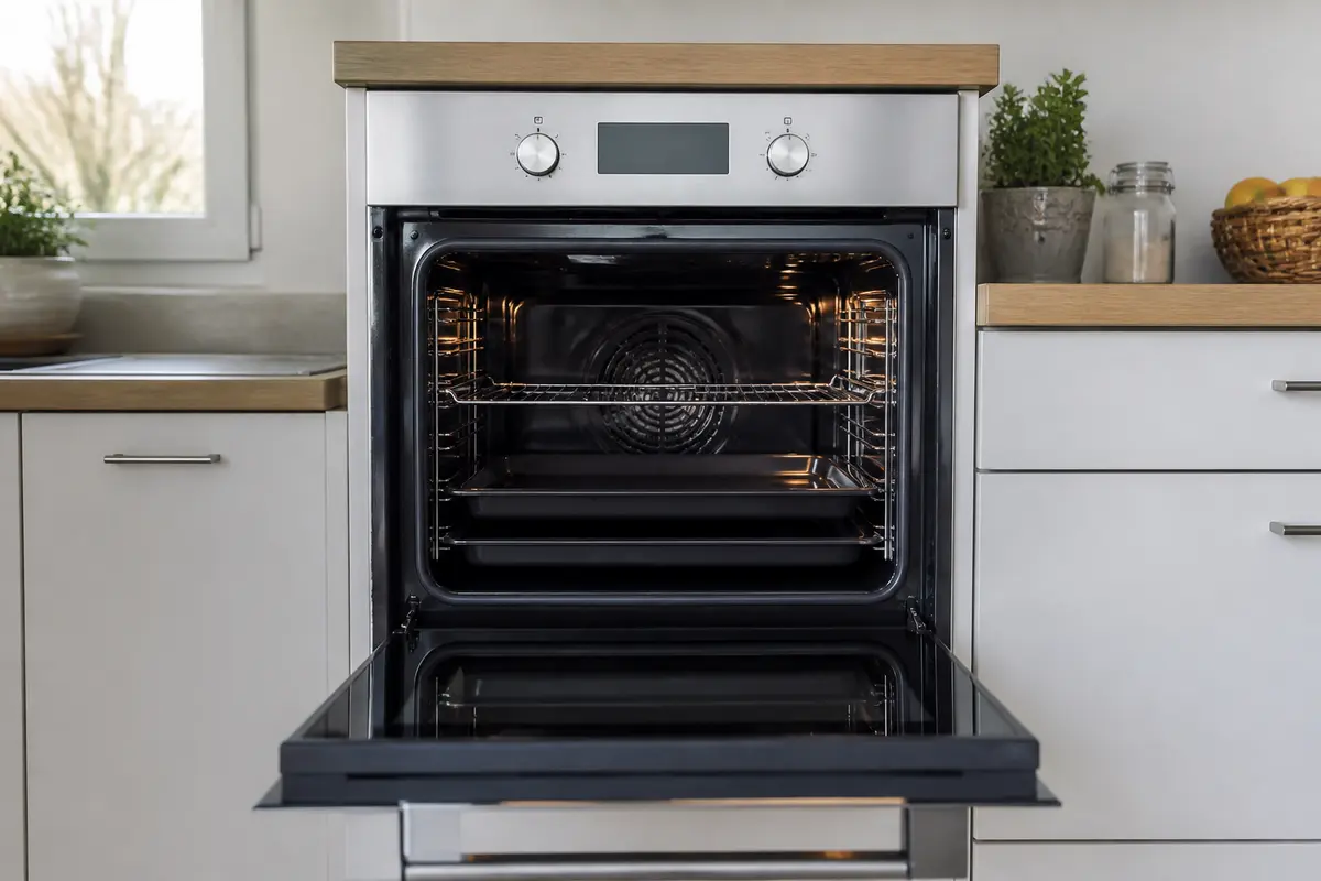 Four encastré moderne avec porte ouverte, étagères métalliques, cuisine lumineuse et plan de travail en bois.