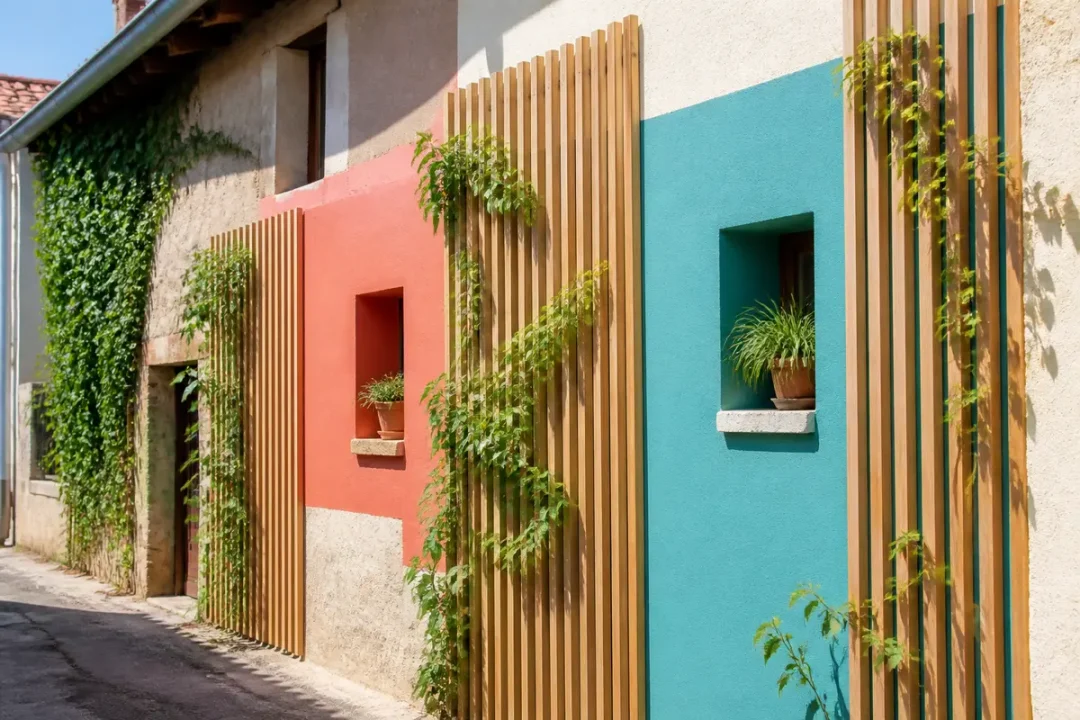 Façade colorée avec plantes grimpantes, volets en bois, pot de fleurs, architecture moderne.