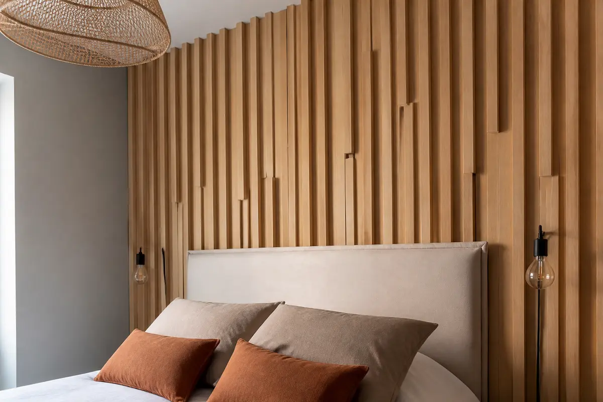 Chambre moderne avec mur en bois géométrique, lit beige et coussins marron, suspension en osier.