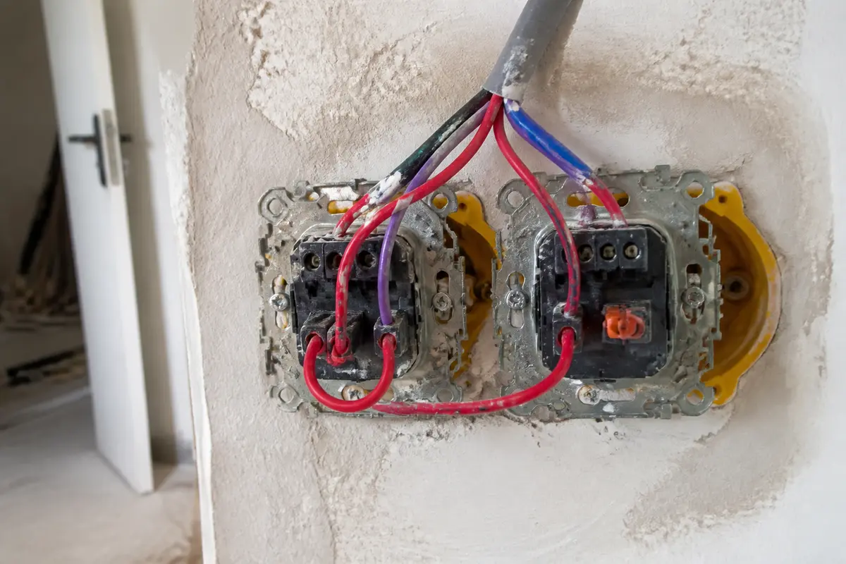 Boîtiers électriques avec câblage exposé dans un mur en plâtre partiellement rénové.