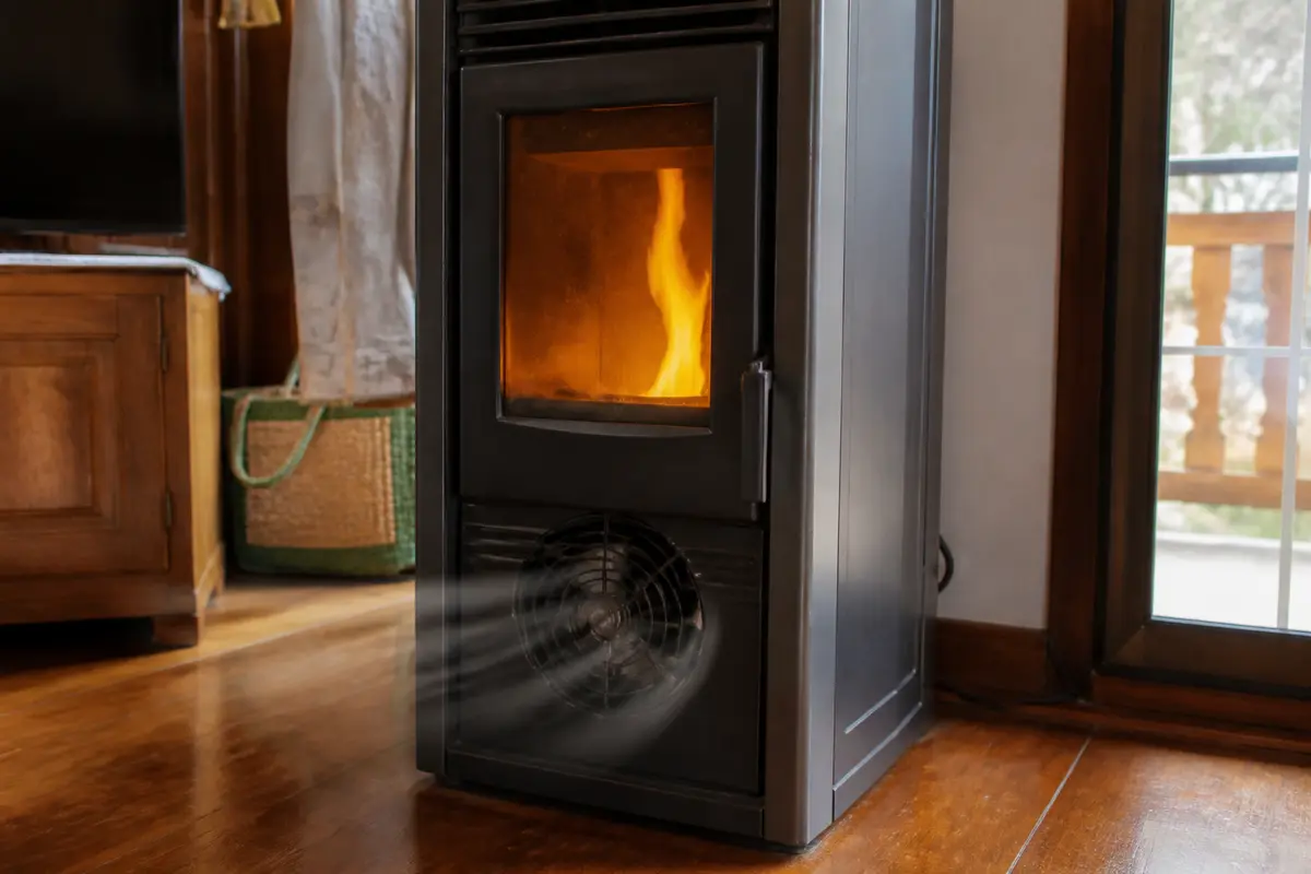 Poêle à pellets moderne avec flamme, ventilateur chaud, sol en bois, panier en osier près d'une fenêtre.