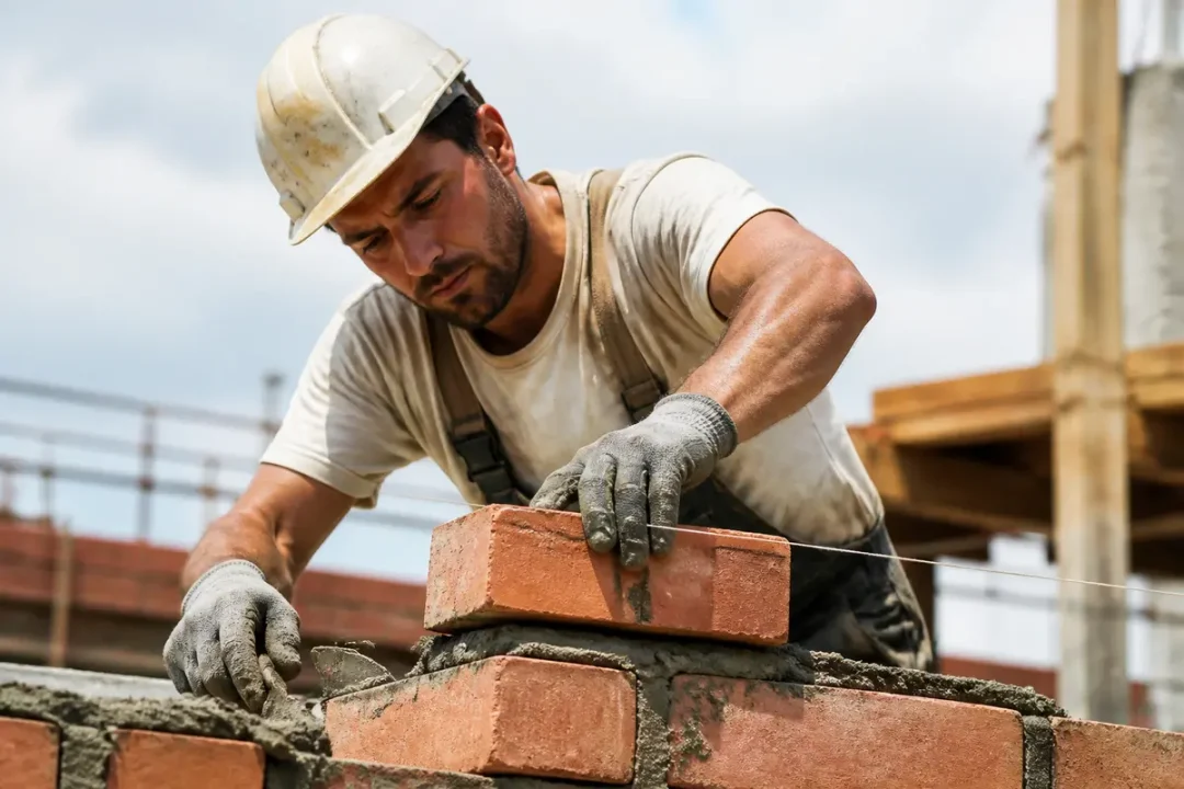 Ouvrier en casque et gants posant des briques rouges sur un mur en construction.
