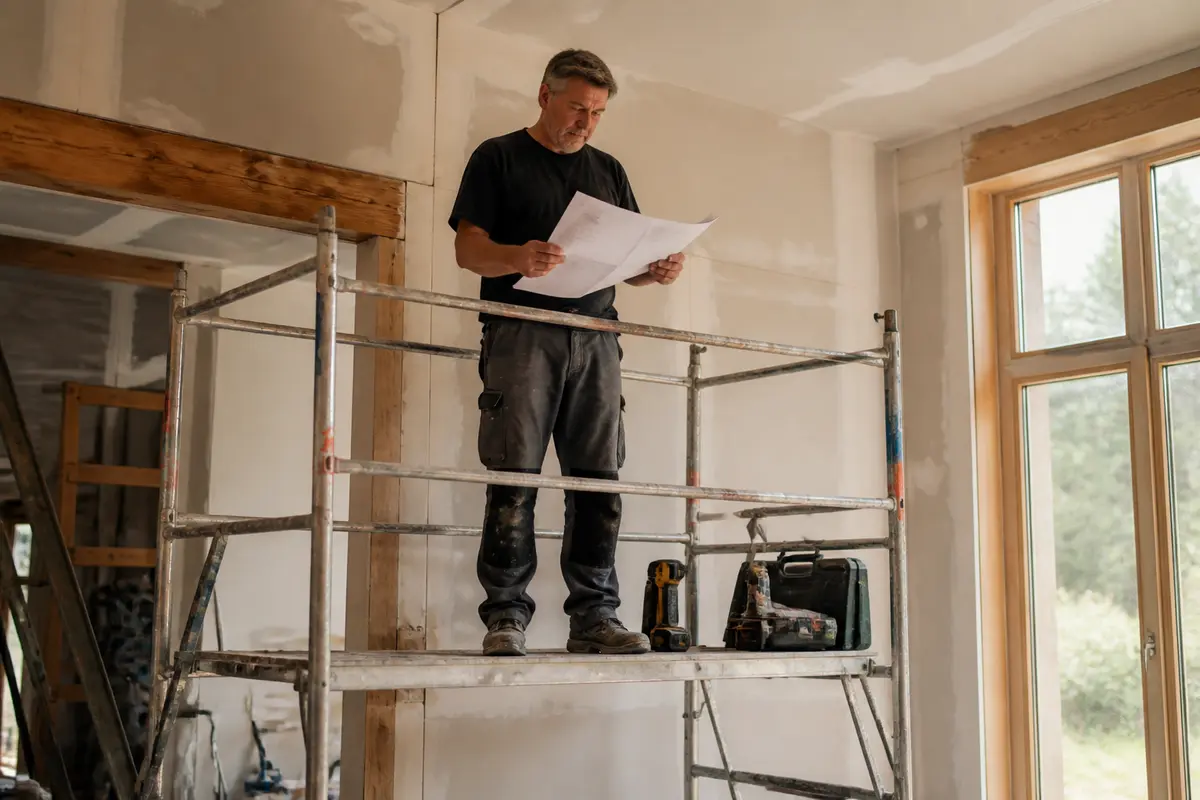 Homme debout sur un échafaudage, examinant des plans, intérieur en rénovation, boîte à outils à côté.