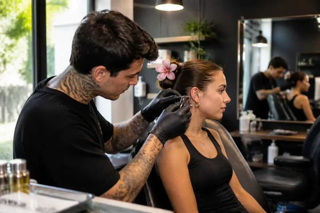 Tatoueur perce l'oreille d'une femme, détails d'un salon moderne avec miroir et plantes.