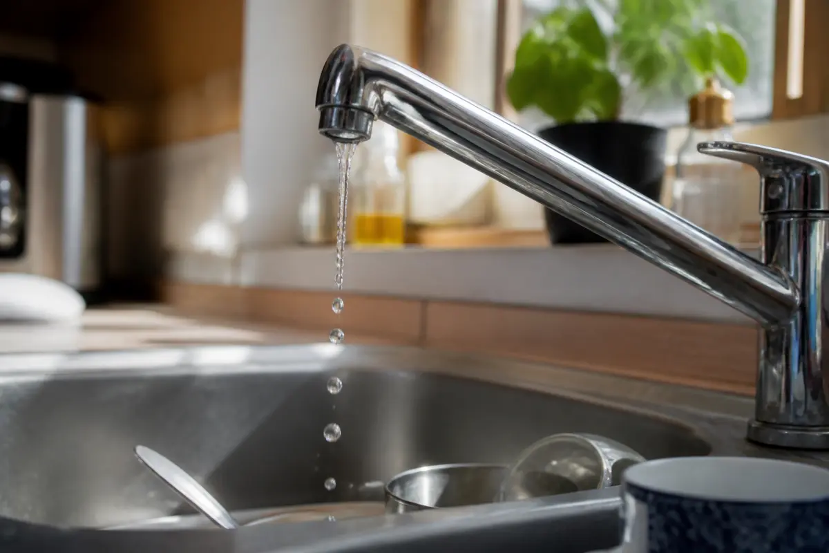 Robinet d'évier en acier inoxydable, eau coulant doucement, vaisselle dans l'évier, cuisine lumineuse.