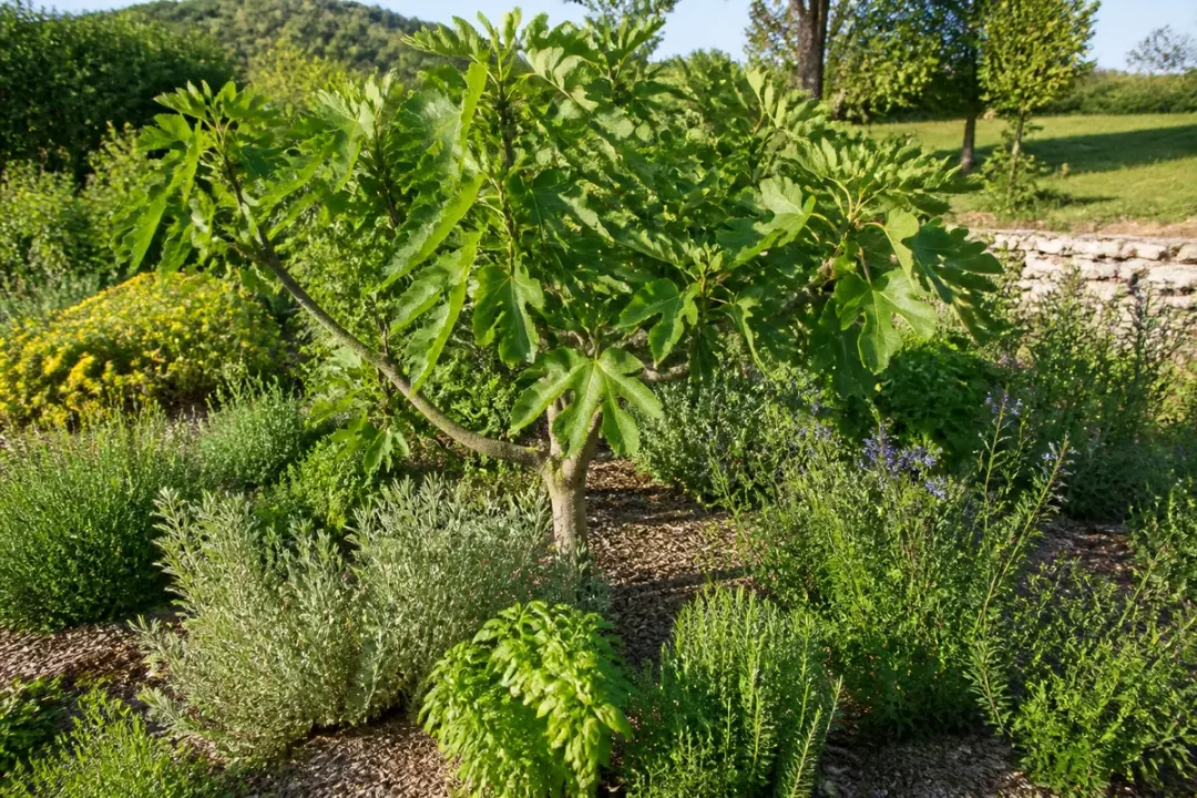 Un jardin méditerranéen avec un figuier au centre, entouré d'arbustes et de fleurs verdoyantes.