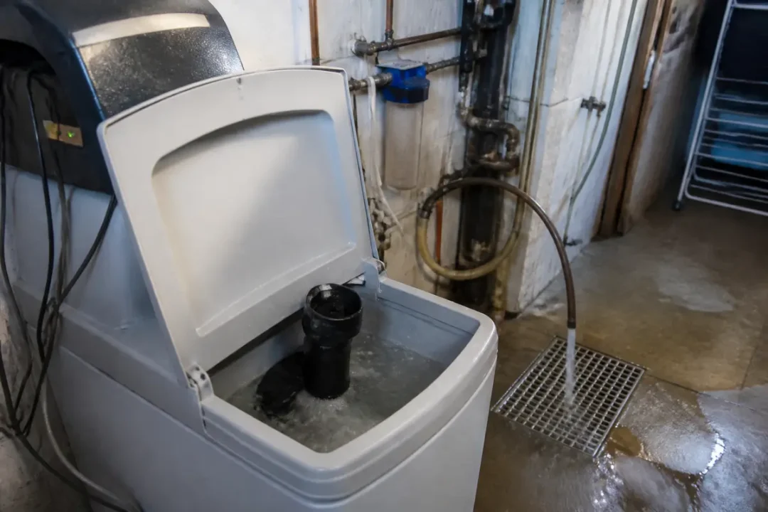 Adoucisseur d'eau en fonctionnement dans un sous-sol avec tuyaux et évacuation d'eau vers un drain au sol.