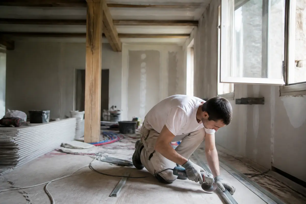 Ouvrier utilisant une ponceuse dans une pièce en rénovation, parquet et poutres apparentes, lumière entrant par fenêtre.