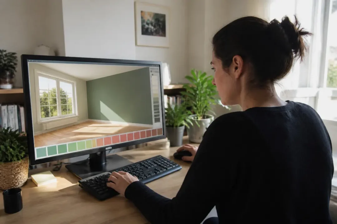 Personne utilisant un logiciel de design d'intérieur sur ordinateur, intérieur moderne avec plantes.