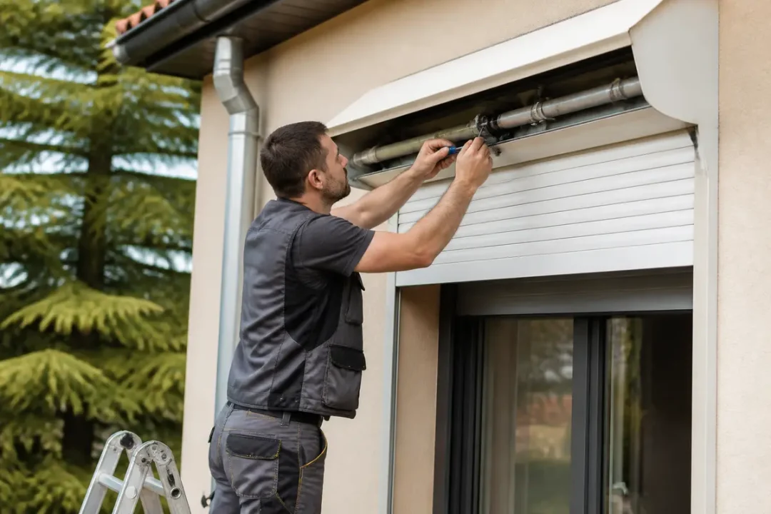 Homme effectuant la réparation d'un volet roulant à l'extérieur d'une maison, à l'aide d'un tournevis.