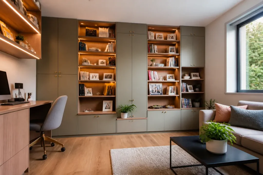 Bureau moderne avec étagères lumineuses, bureau en bois, chaise grise, canapé et table basse avec plantes.