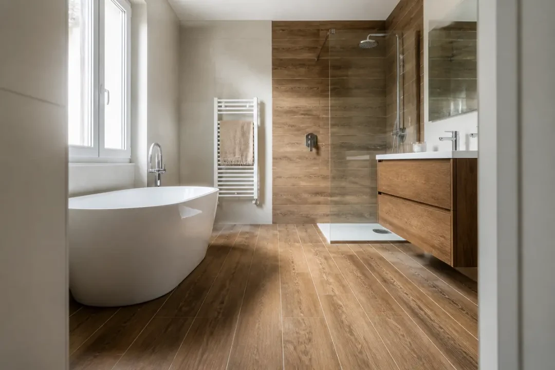 Salle de bain moderne avec baignoire, douche vitrée, sol en bois et meuble lavabo en bois.
