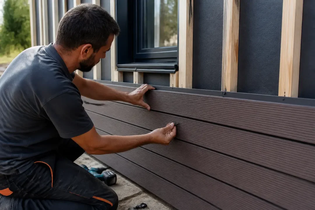 Un homme installe un bardage en bois composite sur une structure murale extérieure.