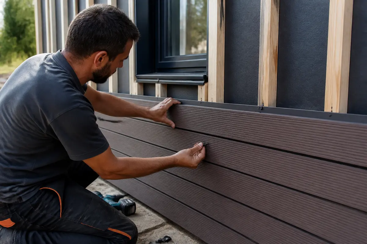 Un homme installe un bardage en bois composite sur une structure murale extérieure.