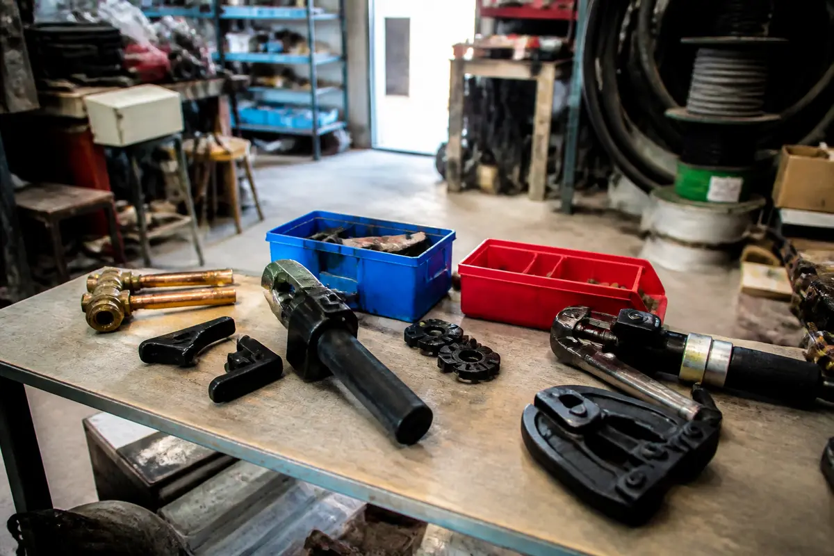 Établi de garage avec outils et boîtes de rangement rouges et bleues, arrière-plan flou.
