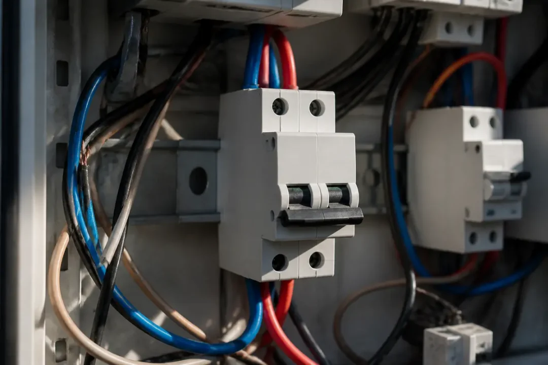 Disjoncteur électrique avec câblage multicolore dans un panneau de distribution, composant de sécurité essentiel.
