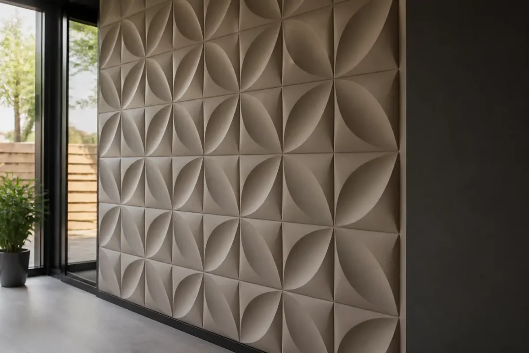 Mur intérieur avec motifs géométriques en relief, sol en bois clair, plante dans un pot gris.