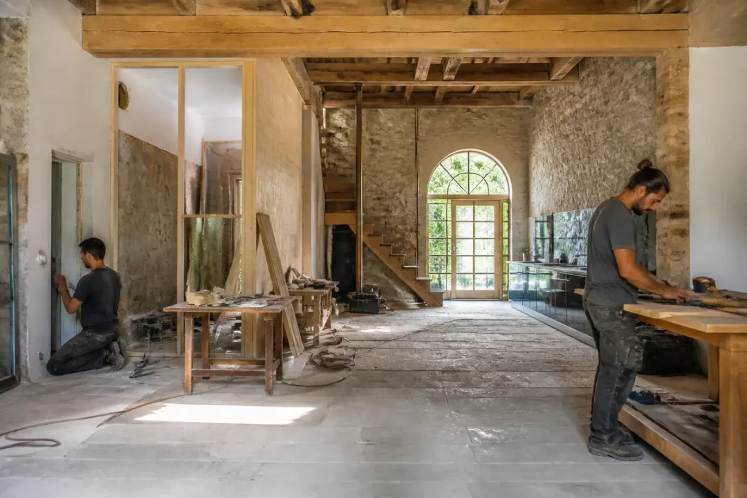 Atelier de rénovation avec deux hommes travaillant le bois dans un espace lumineux aux murs en pierre.