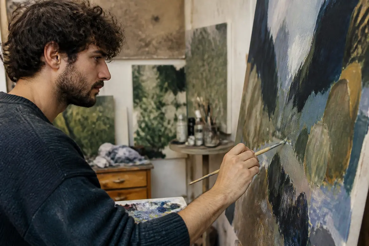 Un artiste peint une toile dans son atelier, entouré de pinceaux et tableaux.
